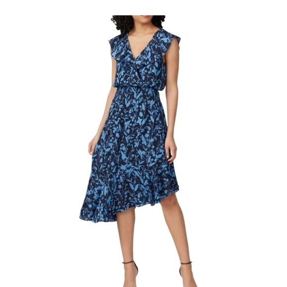 Parker Dress XS Brynlee Blue Midi Sundress Floral Flutter Cap Sleeves Silk - Picture 1 of 11